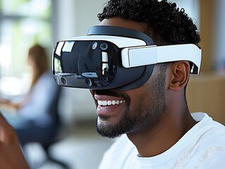 Man smiles in VR headset, modern office