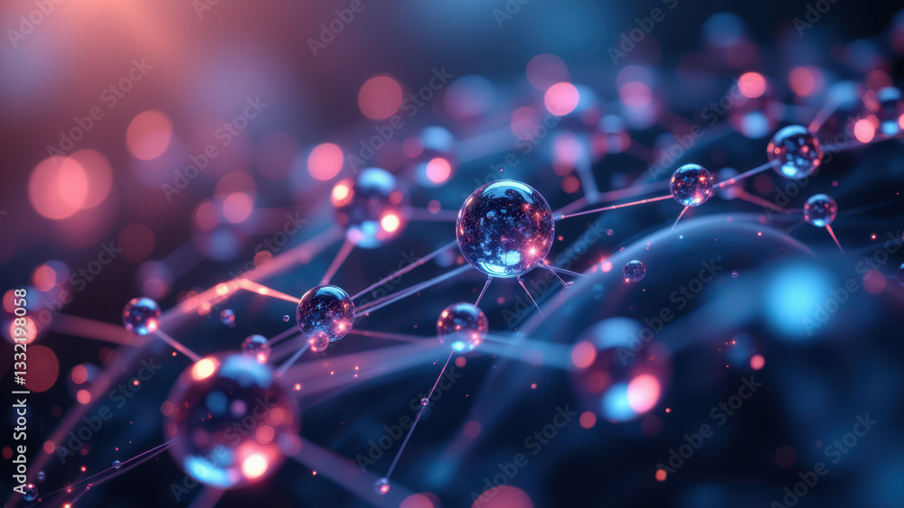 Poster a detailed rendering of a molecular network with atoms represented as glowing spheres connected by l