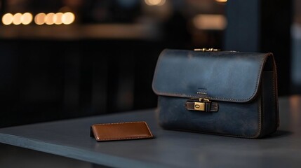 Dark Brown Leather Briefcase and Wallet on Gray Surface