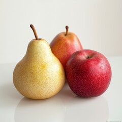 Red Apple and Two Pears on White Reflective Surface
