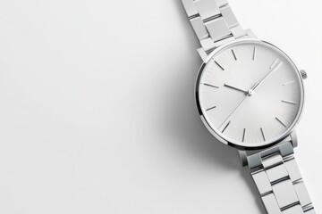 Sleek silver minimalist watch resting on a clean white surface for contemporary elegance