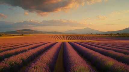 Fototapeta premium Serene Sunset over Lavender Fields and Rolling Hills