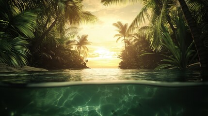 Serene Sunset Over Tropical Lagoon Above and Below Water View