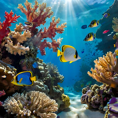 Serene Ocean with a Radiant Coral Reef Illuminated by Underwater Sunbeams