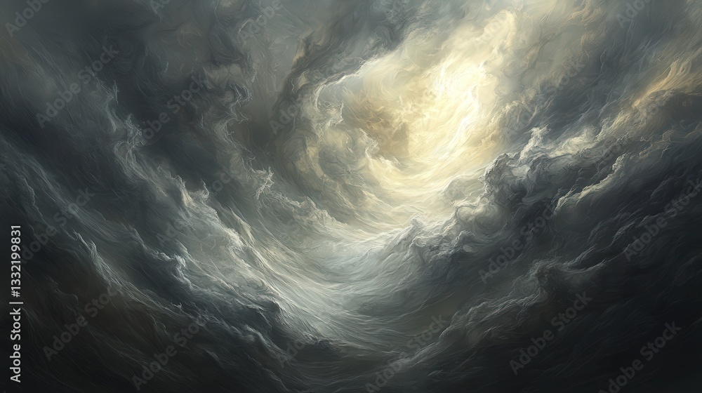 Poster a dramatic sky filled with swirling dark clouds and hints of light breaking through, creating a capt