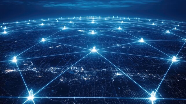 Global network connecting nodes over earth, nighttime urban area, symbolizing connectivity and data sharing