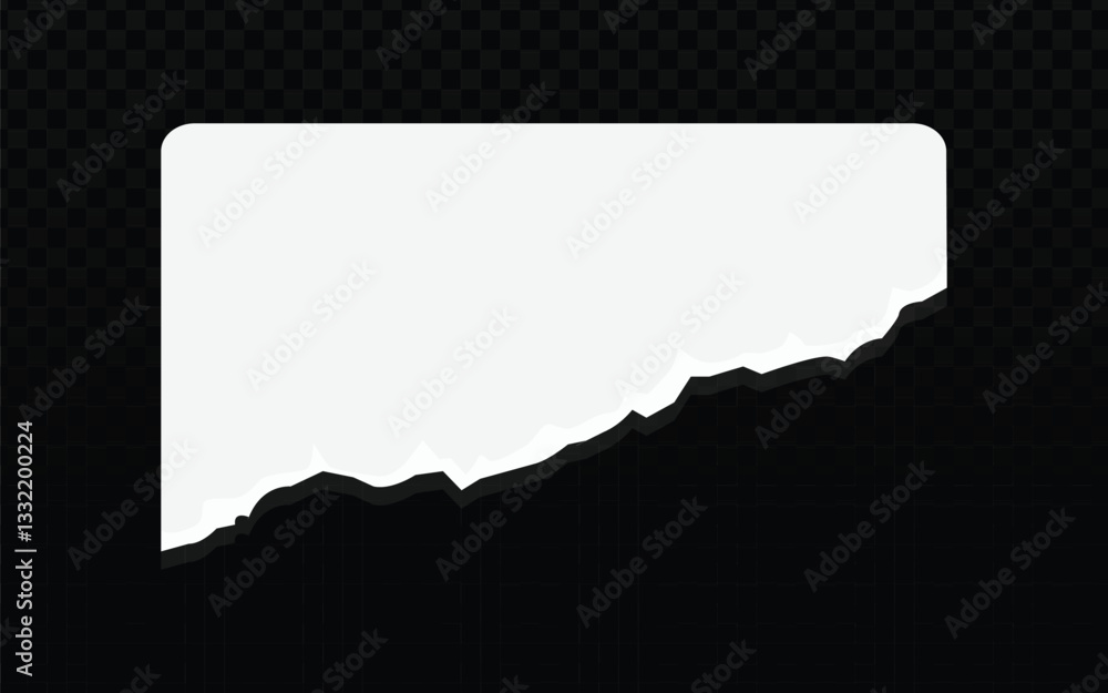 Poster Torn-bottom white paper vector art, a unique digital design resource. Clean vector lines create a realistic, jagged edge at the base. Ideal for mockups, designs, or digital collages requiring a distre