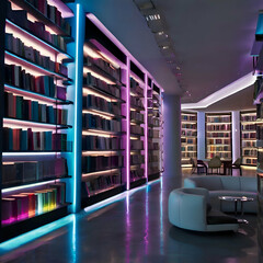 Futuristic Library with Glowing Holographic Books and Robotic Librarians Assisting Visitors