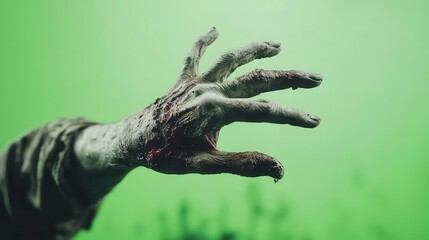Obraz premium Cinematic green screen shot of zombie reaching towards the camera, horror film production