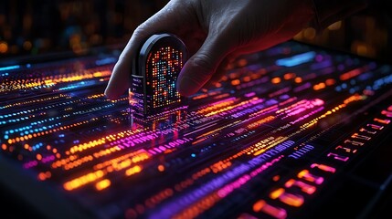 Hand placing data chip on digital screen