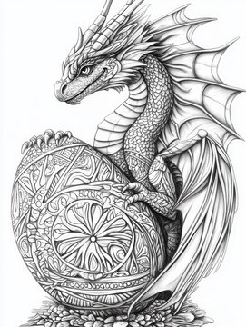 Dragon and Easter Egg Line Art - A detailed line art illustration of a fantasy dragon carefully guarding a large, intricately designed Easter egg. Symbolizing protection, new beginnings, fantasy