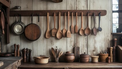 Rustic Kitchen Interior with Wooden Utensils and Aged Cookware