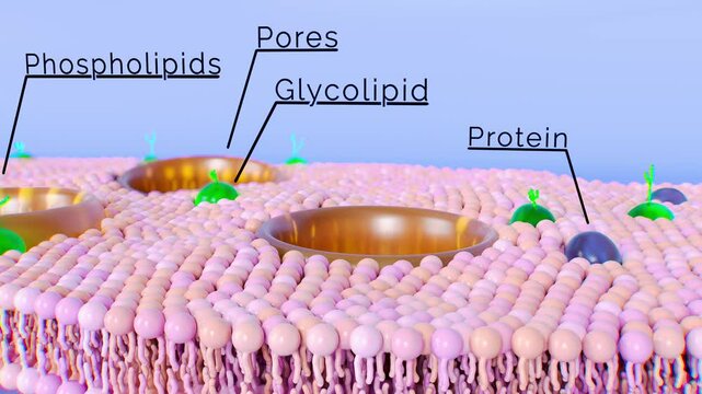 labeled 3d diagram of a lipid bilayer with phospholipids for skin care, slowly moving on blue backrgound