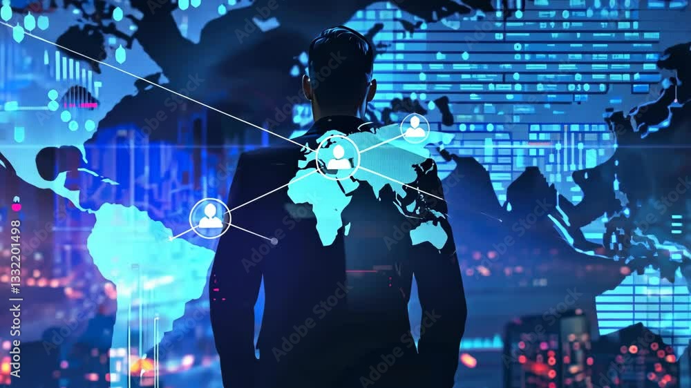 Aufkleber a business professional observes international market dynamics and data visualization in a high-tech
