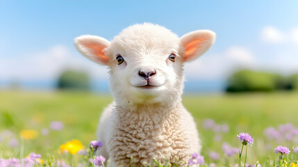 Fototapeta premium Adorable lamb in a vibrant spring meadow