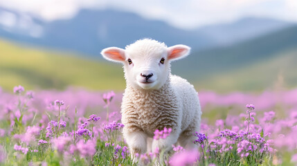 Obraz premium Adorable lamb standing in a vibrant purple flower field