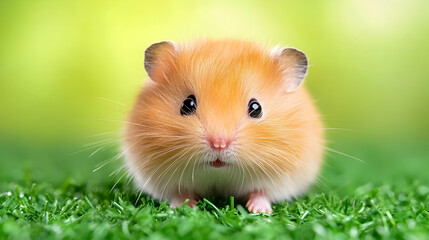 Adorable orange hamster sitting on green grass