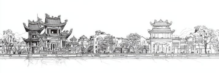 Fototapeta premium Hanoi Street Scene Line Art - Vietnamese architecture, colonial buildings, lush trees, historic streets, cultural heritage