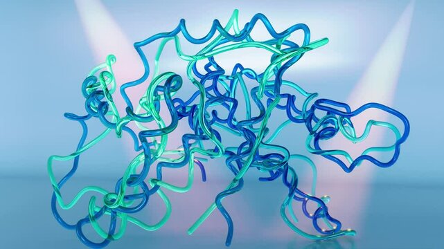 cyan and blue protein strands flowing, hemoglobin Alpha-Beta chains 3d animation
