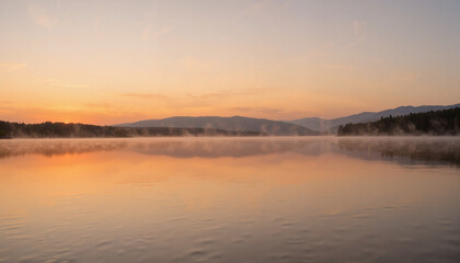 Tranquil lakeside morning with soft sunrise reflections, nature's serenity