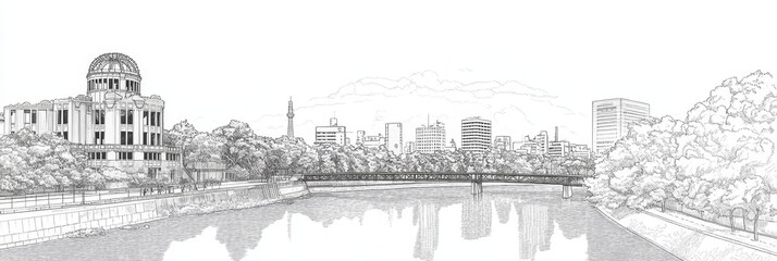 Hiroshima Serenity: A City's Peaceful Resilience - Serene line art depicts Hiroshima's Atomic Bomb Dome, reflecting peace, resilience, remembrance, hope, and renewal. A city reborn