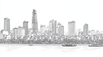 Ho Chi Minh City Skyline Sketch: Urban Modernity - Captivating line art sketch of Ho Chi Minh City skyline, symbolizing urban development, architectural design, cityscape beauty, modern living
