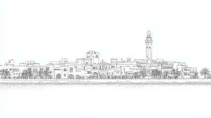 Fototapeta premium Jeddah Waterfront Line Art Illustration - Detailed line art of Jeddah's historic waterfront, symbolizing heritage, architecture, coastal life, trade, and cultural richness