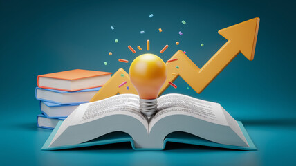 Open book with lightbulb, rising arrow, and colorful confetti, symbolizing knowledge, innovation, and growth, ideal for education or business concepts