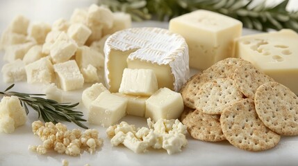 A beautifully arranged charcuterie board with various white cheeses and crackers on a white surface.