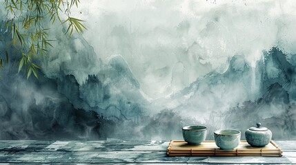 Floating Porcelain Mountain Tea Space - Neo-Chinese Zen Aesthetics for Luxury Brand Visuals