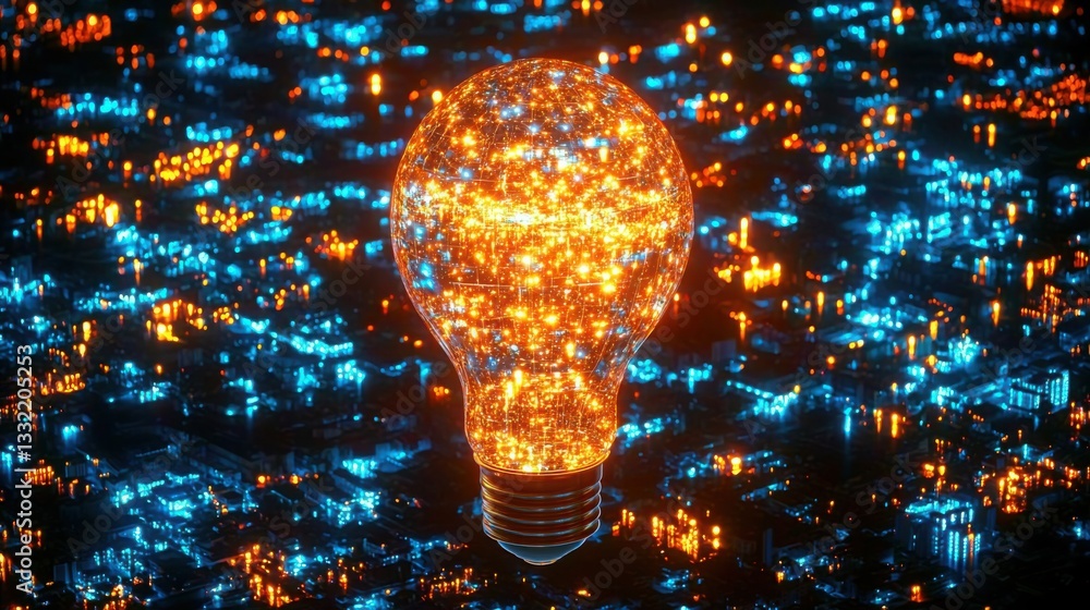 Poster light bulb illuminating a city skyline at dusk representing innovation and urban development in mode