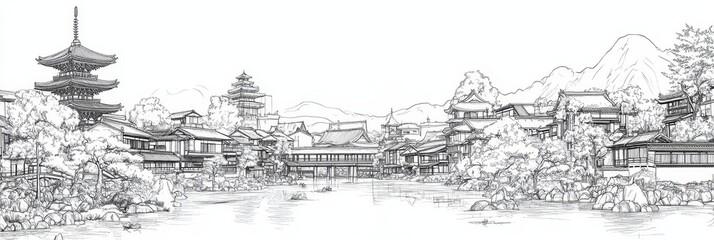 Fototapeta premium Kyoto Temples and Tranquil Waters Line Art - Serene line drawing of ancient Kyoto temples, reflecting peace, history, nature, spirituality, and tradition