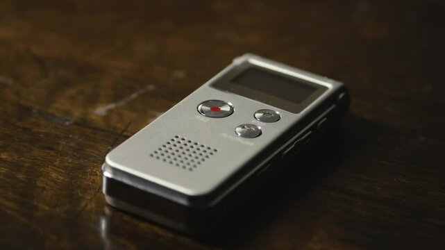 Compact digital dictaphone recording audio device CLOSE-UP SLIDE shot