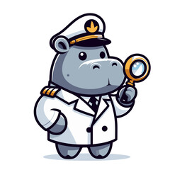 Naklejka premium Gray hippo detective in white coat with magnifying glass. Vector illustration perfect for investigation themes, scientific discovery or analytic thinking concepts.