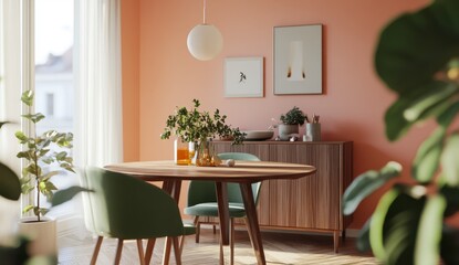 Sunlit Modern Dining Room with Peach Walls and Green Chairs