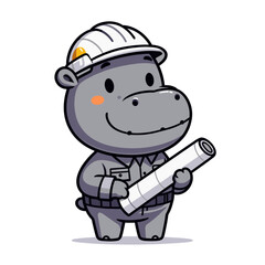 Obraz premium Hippo engineer in hard hat with blueprints. Vector illustration concept for construction industry mascot or professional services character design.