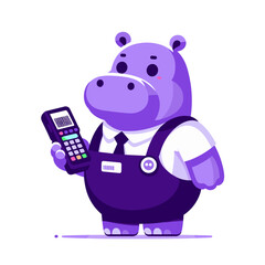 Naklejka premium Purple hippo with phone in overalls. Vector illustration perfect for customer service, telemarketing, tech support and communication concepts.