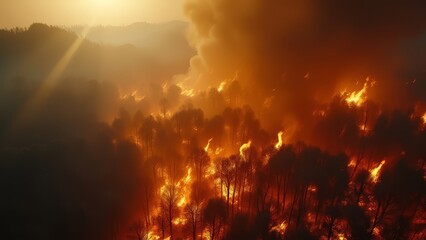 Fototapeta premium Forest fire with smoke from above. A ray of sun breaks through the smoke