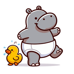 Naklejka premium Baby hippo in diaper with yellow rubber duck. Vector illustration perfect for nursery decor, baby products, childcare themes and infant development concepts.