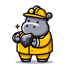Fototapeta premium Miner hippo in yellow uniform holding coal. Vector illustration perfect for industrial themes, occupational safety materials, energy sector, and educational content.