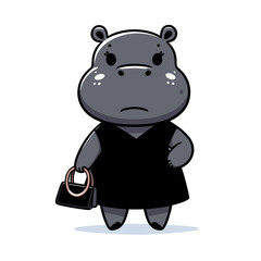 Fototapeta premium Businesswoman hippo in black dress with handbag. Vector illustration perfect for professional services, corporate culture, finance themes, and women in business.