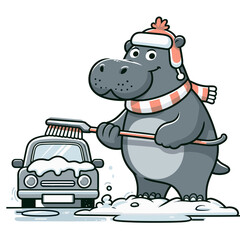 Fototapeta premium Hippo car washer cleaning automobile in winter. Vector illustration ideal for auto service advertising, seasonal maintenance, cleaning business, and winter care.