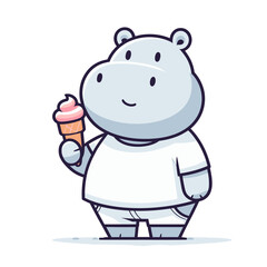 Fototapeta premium Hippo in white t-shirt enjoying ice cream cone. Vector illustration for summer treats, dessert shop promotions or casual lifestyle content.