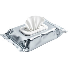 Pack of Wet Wipes with One Tissue Pulled Out, Isolated on White
