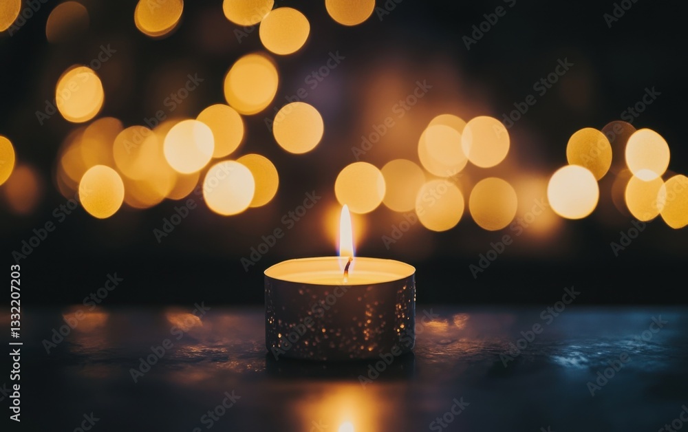 Poster A single candle burning softly in the darkness, surrounded by soft bokeh lights creating an atmosphere of calm and tranquility.