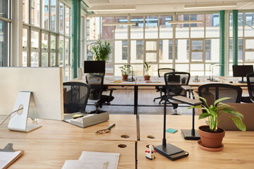 Desk in a modern office space after working hours
