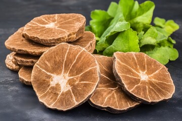 Fototapeta premium Dried Brown Slices Herbal Medicine with Green Leaves