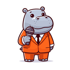 Fototapeta premium Presenter hippo in orange suit holding microphone. Vector illustration concept for broadcasting company mascot or public speaking trainer character.