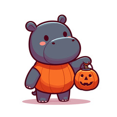Naklejka premium Dark gray hippo with orange pumpkin bucket in Halloween outfit. Vector illustration ideal for holiday celebration, trick-or-treating, autumn festivals and costume parties.