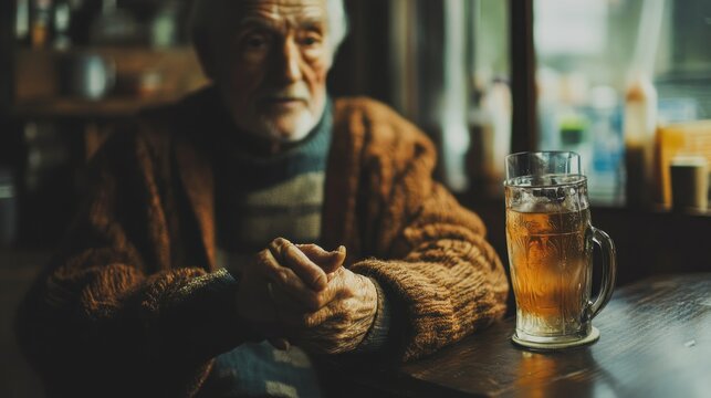 Elderly Man with Beer in Pub, Contemplative Atmosphere